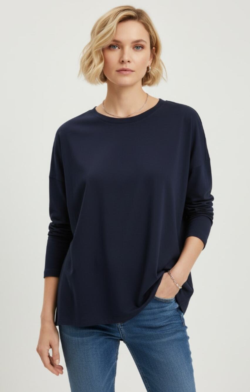 J. JILL LUXE SUPIMA LONG-SLEEVE KNIT T-SHIRT NAVY WOMENS SIZE LARGE
